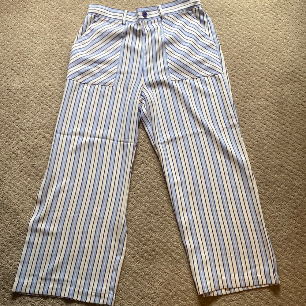 LOFT Blue and White Striped Wide Leg Pants